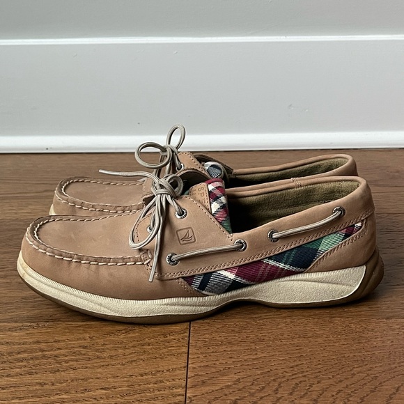 Sperry Top Sider Size 9.5 Khaki Leather Plaid Preppy Bluefish Oxford Boat Shoes - Picture 5 of 13